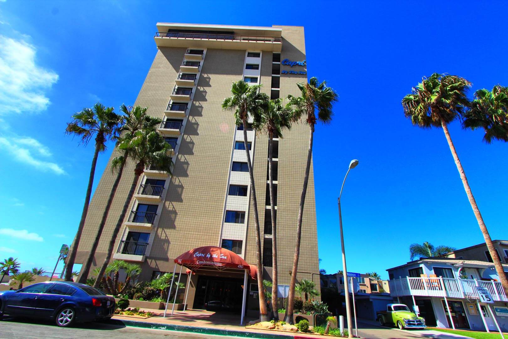 A view of the exterior building at VRI's Capri by the Sea in San Diego, California.